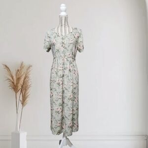 Vintage 90s Erika Pale Green Floral Sweetheart Cottagecore Spring Midi Dress (L)